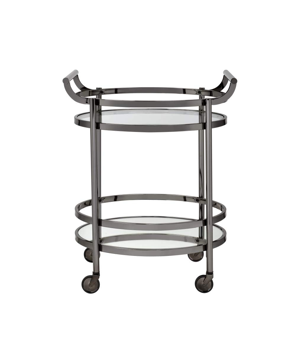 HomeRoots Kitchen Serving Cart in Clear Glass and Black Nickel, Multicolor