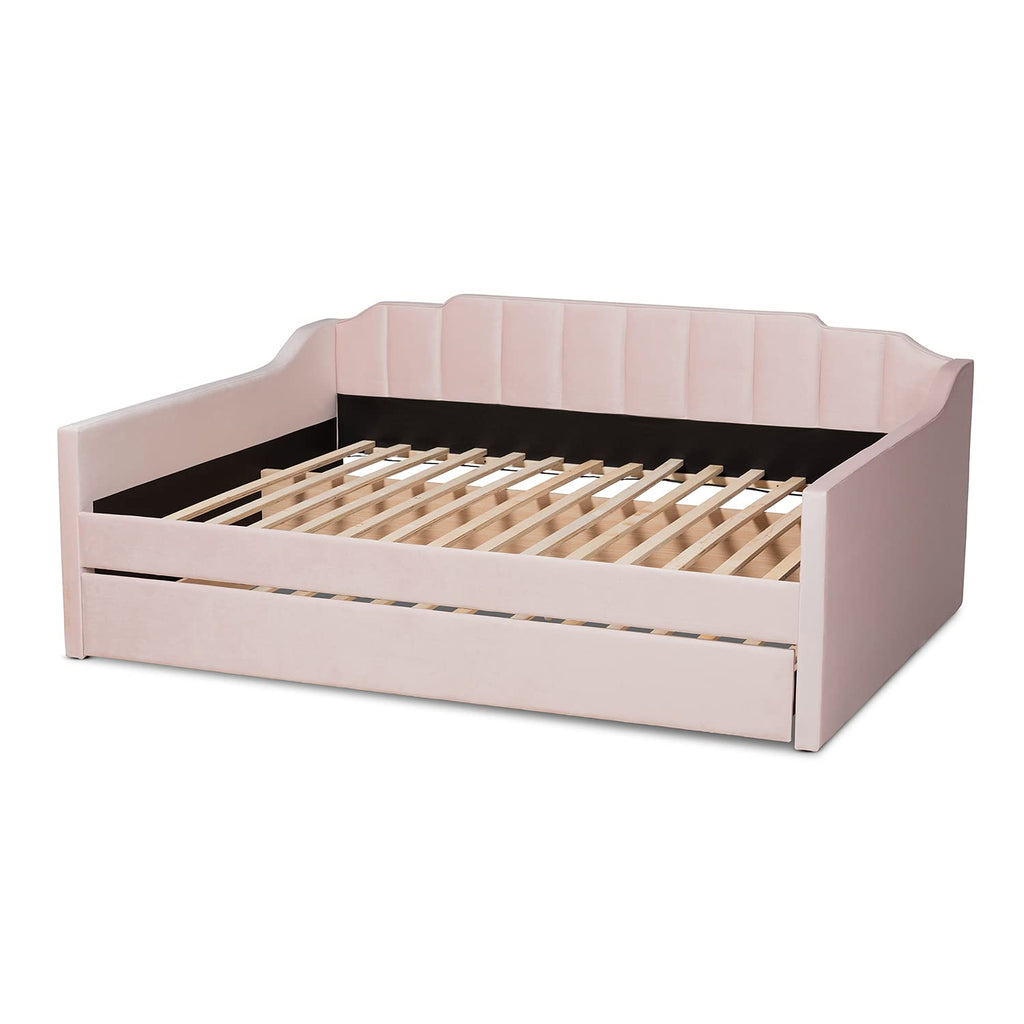 Baxton Studio Lennon Modern and Contemporary Pink Velvet Fabric Upholstered Full Size Daybed with Trundle