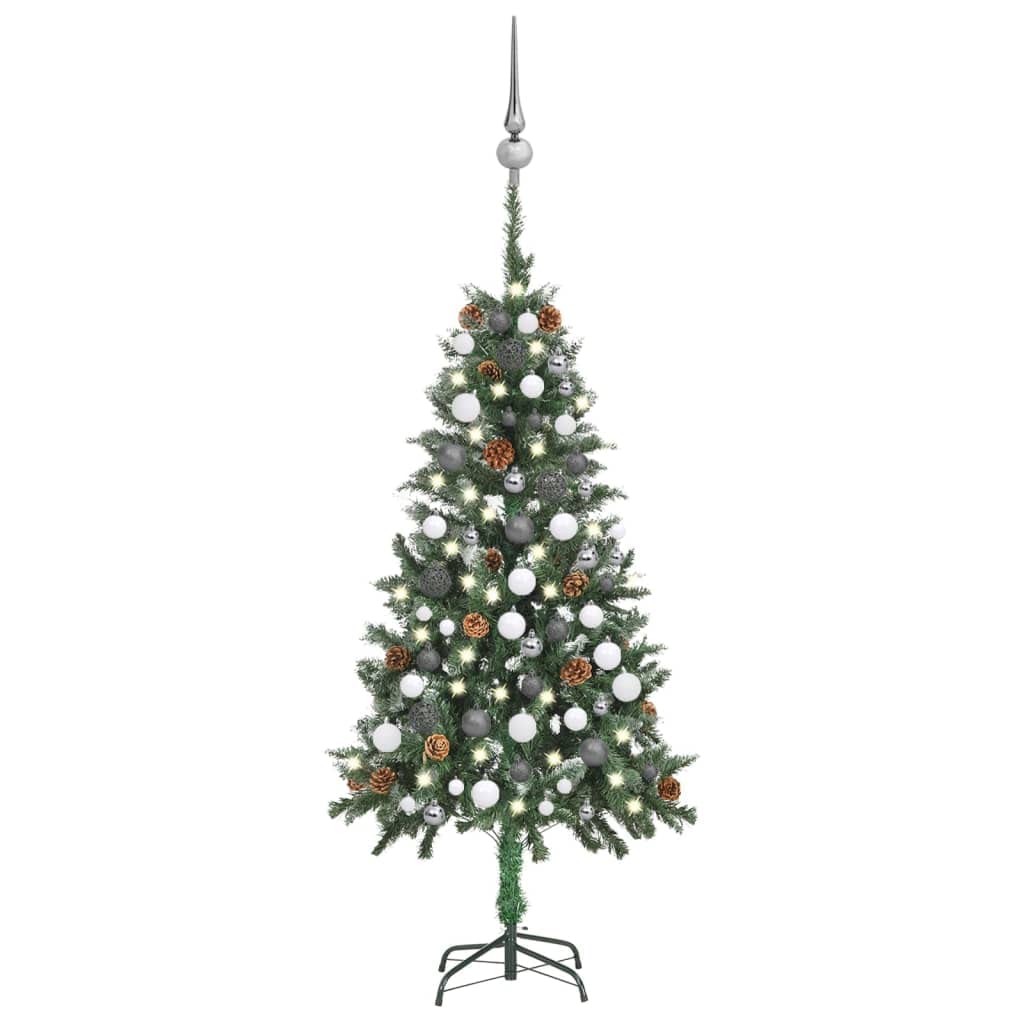 Vidaxl Artificial Pre-Lit Christmas Tree - 59.1&quot; Xmas Tree With Pine Cones, Led Lights, Glitter, Decorative Balls, Green/White