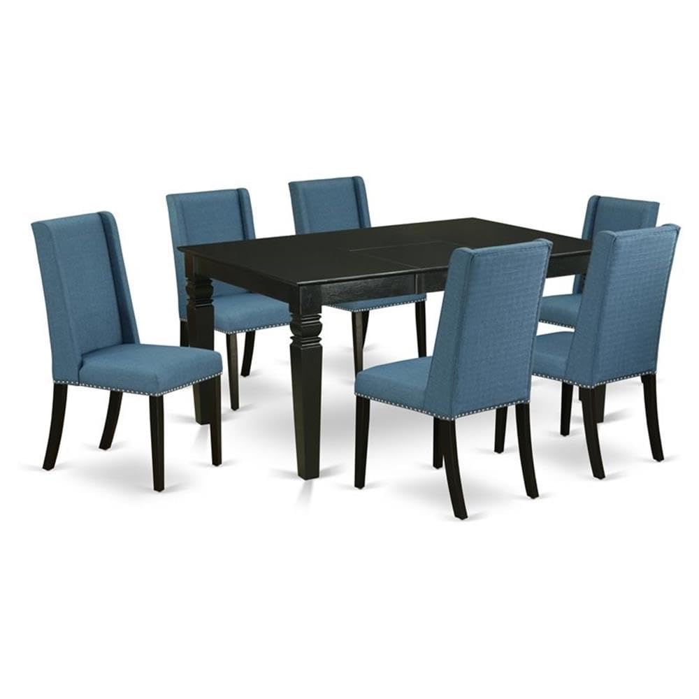East West Furniture Wefl7-Blk-21 7 Piece Dinette Set Consist Of A Rectangle Dining Table With Butterfly Leaf And 6 Blue Linen Fabric Parson Dining Room Chairs, 42X60 Inch, Black