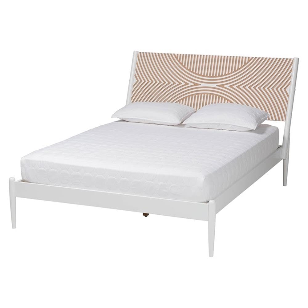 Baxton Studio Louetta Coastal White King Size Platform Bed With Carved Contrasting Headboard