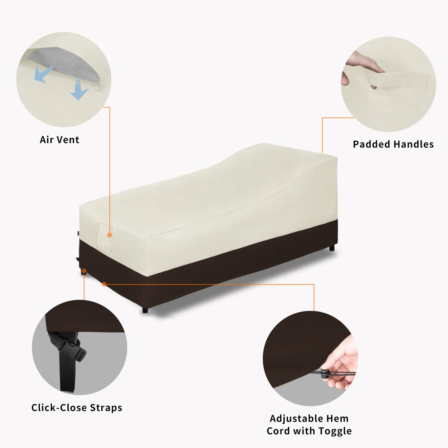 Easy-Going Waterproof Outdoor Chaise Lounge Cover, Heavy Duty Patio Lounge Chair Cover, Windproof Outdoor Furniture Cover With Air Vent 2 Pack-84Wx34Dx32H Inch, Beige/Dark Brown