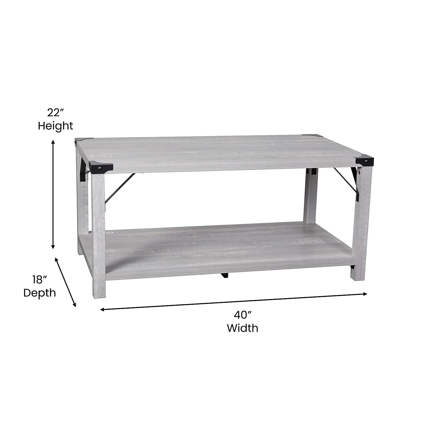 Flash Furniture Wyatt Modern Farmhouse 2 Tier Coffee Table - Aspen Gray Engineered Wood Frame - Black Metal Crisscross Side Braces and Corner Accents