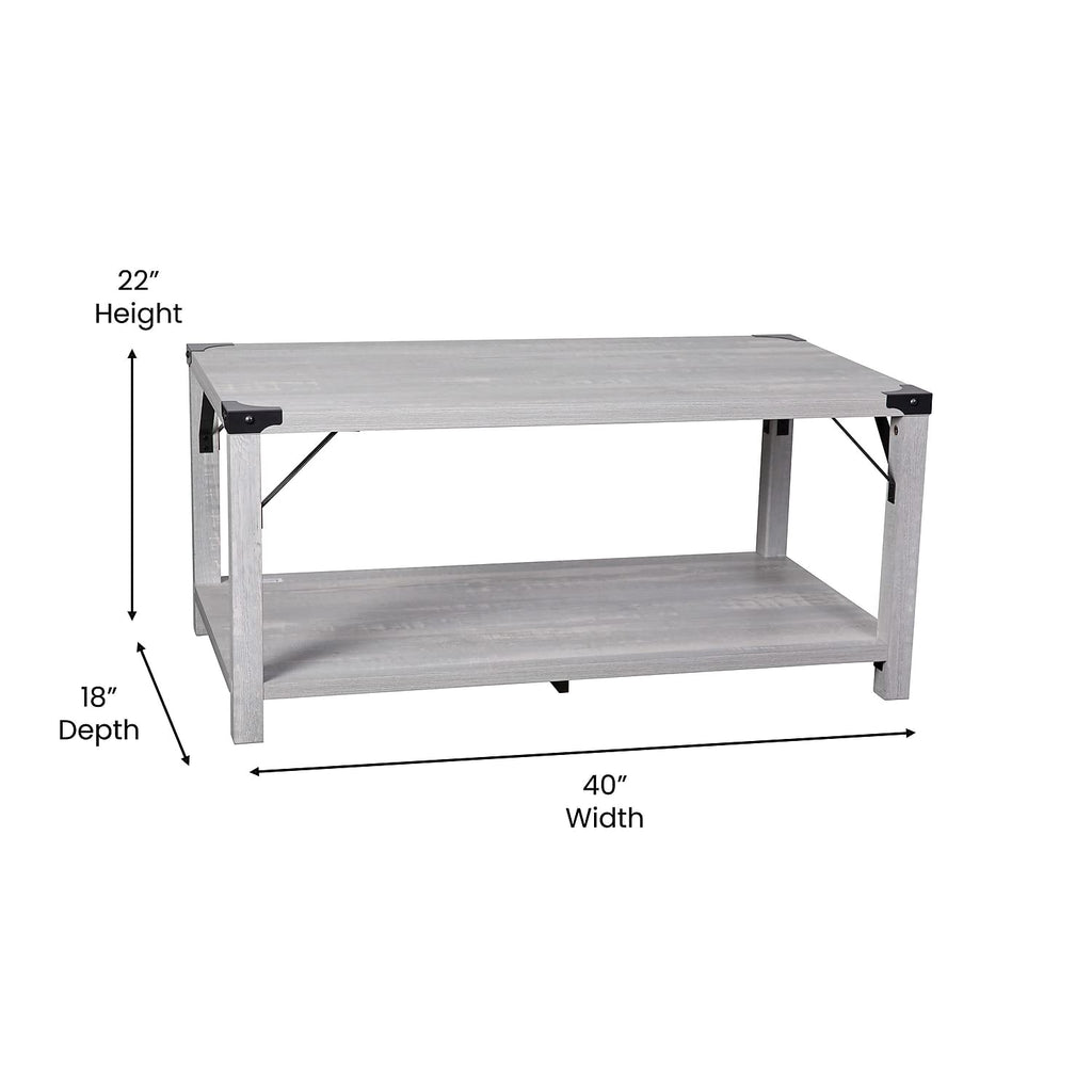 Flash Furniture Wyatt Modern Farmhouse 2 Tier Coffee Table - Aspen Gray Engineered Wood Frame - Black Metal Crisscross Side Braces and Corner Accents