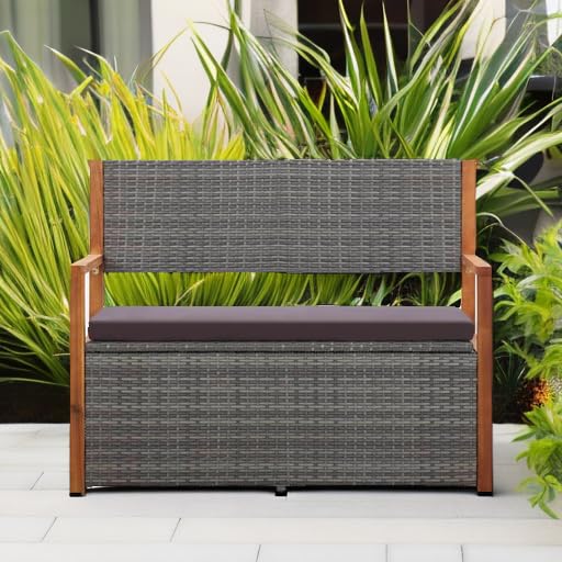 vidaXL Patio Storage Bench - Poly Rattan & Solid Acacia Wood - Gray - Comfortable Cushioned Seating - Ample Internal Storage Space
