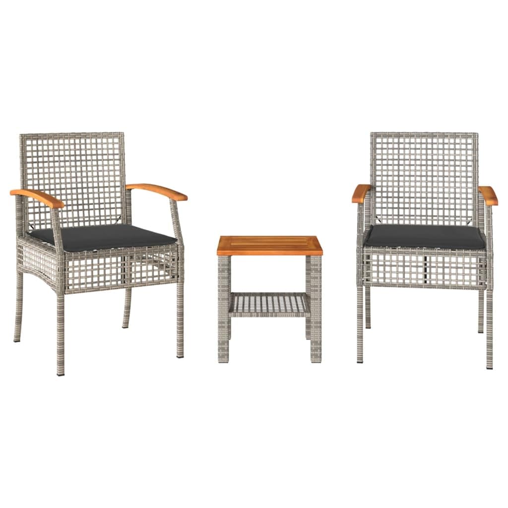 vidaXL Bistro Set - Outdoor 3 Piece Gray Poly Rattan & Acacia Wood Seating with Cushions for Patio, Garden, Backyard, or Balcony Furniture