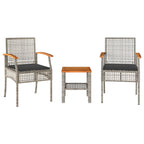 vidaXL Bistro Set - Outdoor 3 Piece Gray Poly Rattan & Acacia Wood Seating with Cushions for Patio, Garden, Backyard, or Balcony Furniture