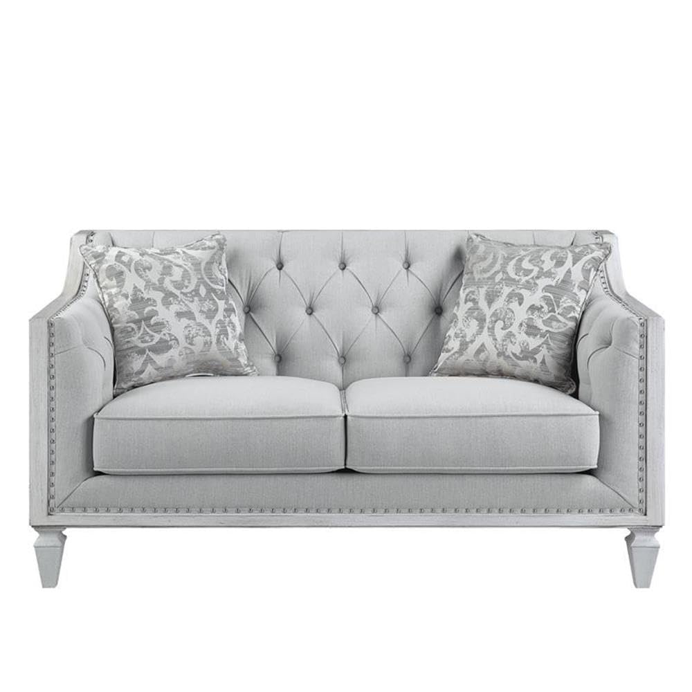 Acme Katia Loveseat in Gray Linen Fabric and White Finish