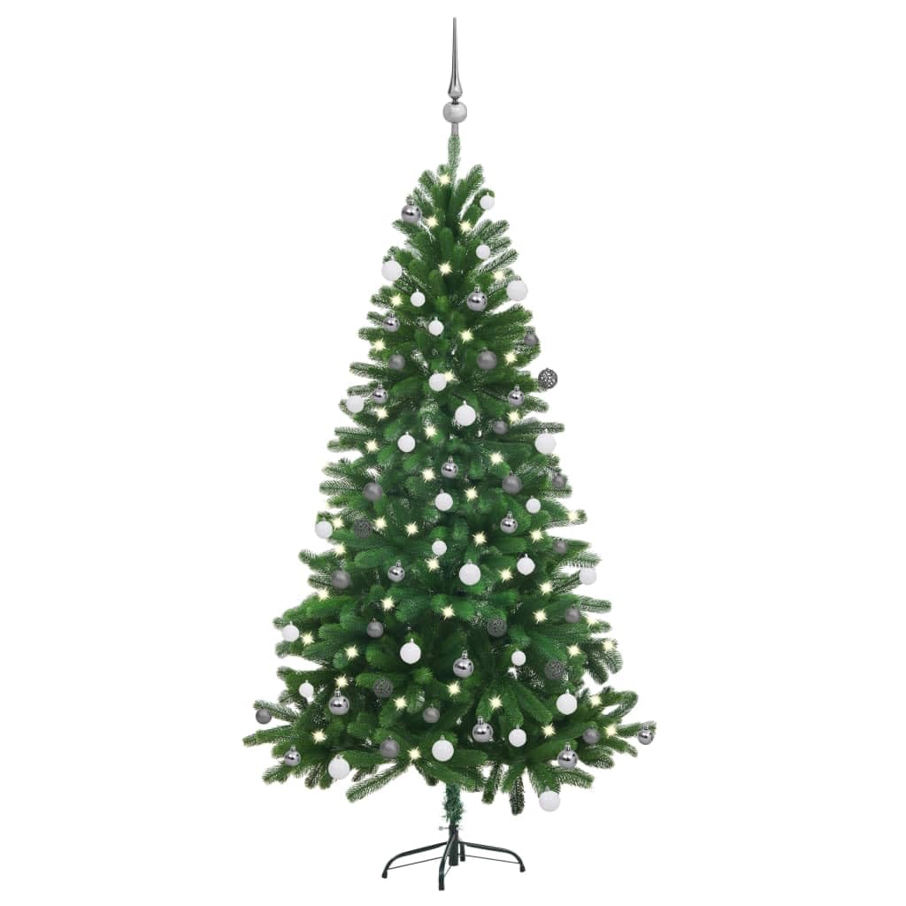 vidaXL 59.1&quot; Artificial Christmas Tree with LEDs & Ball Set, PE Needle Branches, Steel Base, Green Tree and White/Gray Balls