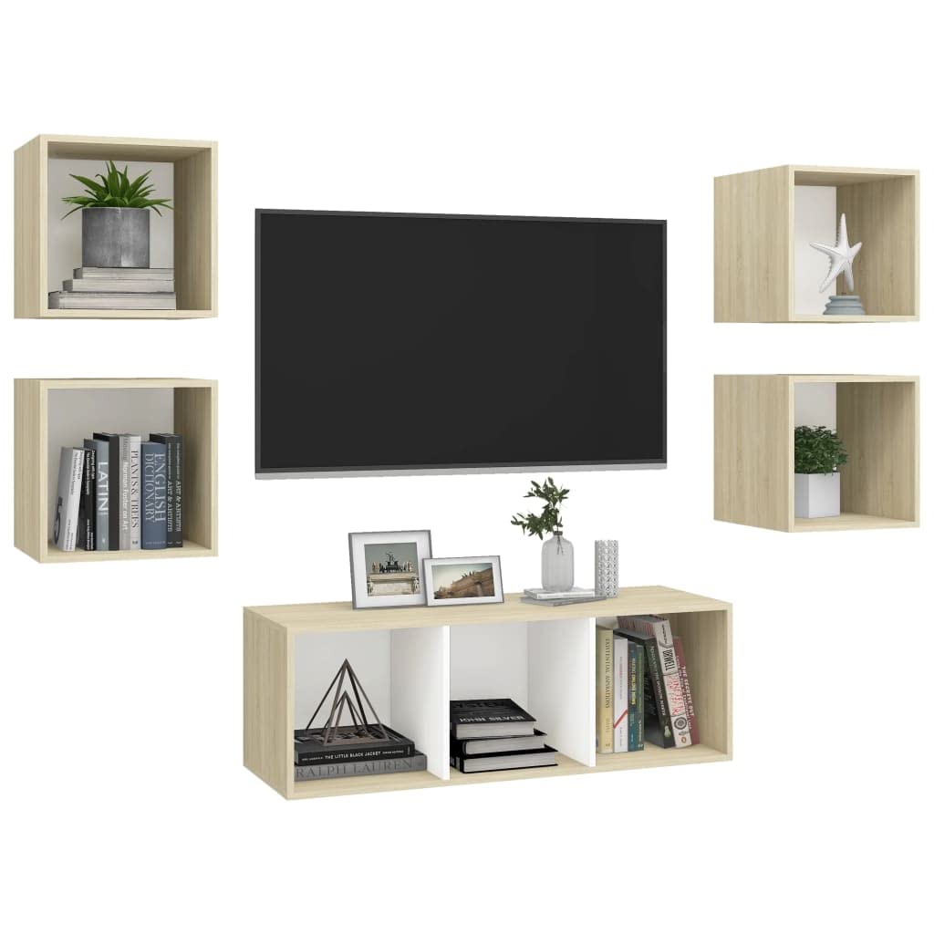 vidaXL Wall Mounted TV Stand Set in White and Sonoma Oak - Engineered Wood TV Cabinet - Ample Storage Space - Home Decor - Easy Assembly