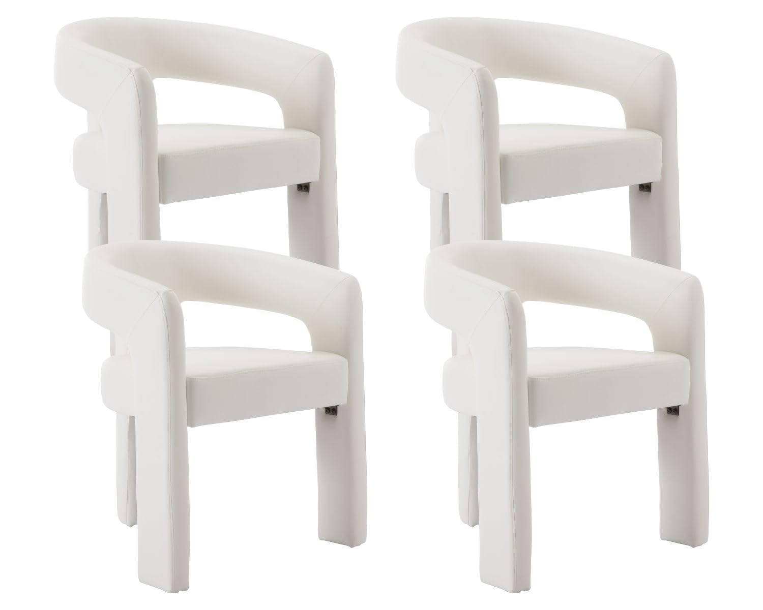 Rivova Set Of 4 Modern Barrel Dining Chairs, White Pu Leather Upholstered Accent Side Chair With Arms Comfy Makeup Vanity Chairs