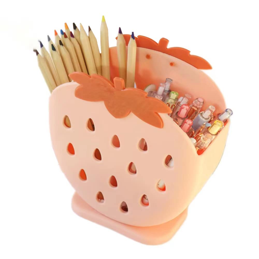 Cute Strawberry Shaped Pen Holder Desk Organizer With 2 Compartments Pink Pencil Holder Makeup Brush Storage For Office Desk Org