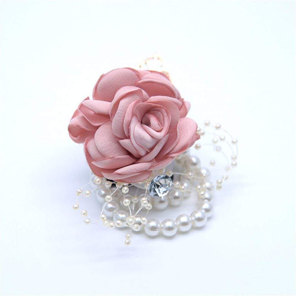 Flonding Girl Bridesmaid Wrist Corsage Bridal Silk Wrist Flower With Faux Pearl Bead Stretch Bracelet Wristband Gold Leaf For We