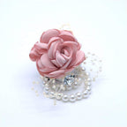 Flonding Girl Bridesmaid Wrist Corsage Bridal Silk Wrist Flower With Faux Pearl Bead Stretch Bracelet Wristband Gold Leaf For We