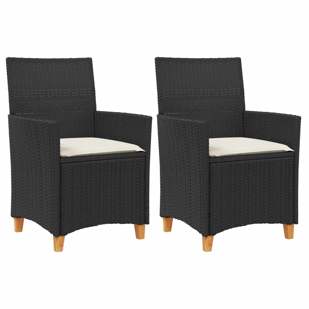 vidaXL Patio Chairs with Cushions, Set of 2 - Black Poly Rattan & Solid Acacia Wood, 23.2 x 24 x 35.4, Cream White Cushions, Ideal for Garden, Deck, Outdoor Seating - Durable, Weather-Resistant