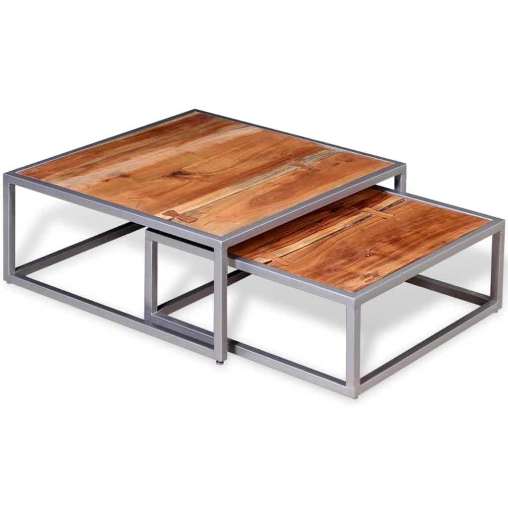 vidaXL Solid Acacia Wood Coffee Table Set, Versatile Living Room Tables with Strong Steel Legs, Handmade Wooden Furniture with Unique Design, Includes 2 Tables