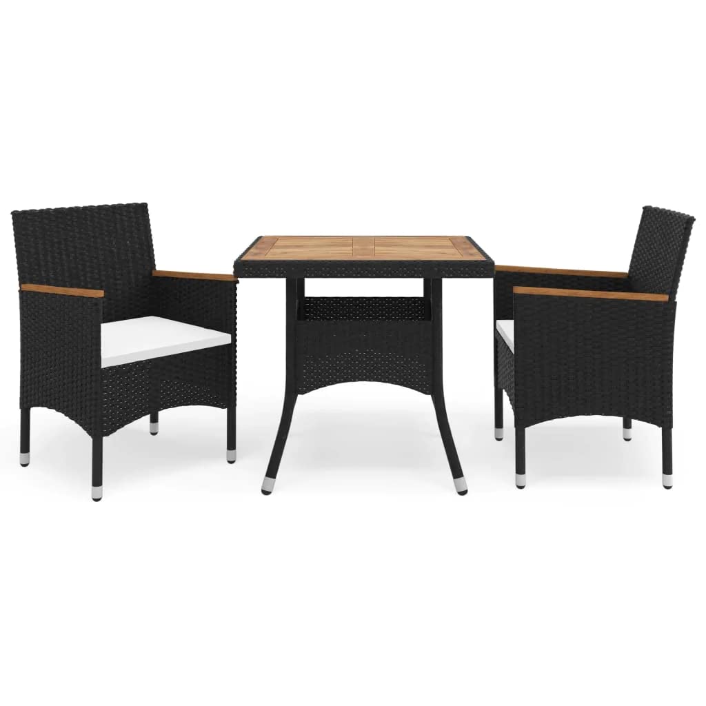 vidaXL Patio Dining Set 3 Piece, Outdoor Dining Set for 2, Table and Chair for Garden, Chair, Scandinavian, Black Poly Rattan and Acacia Wood