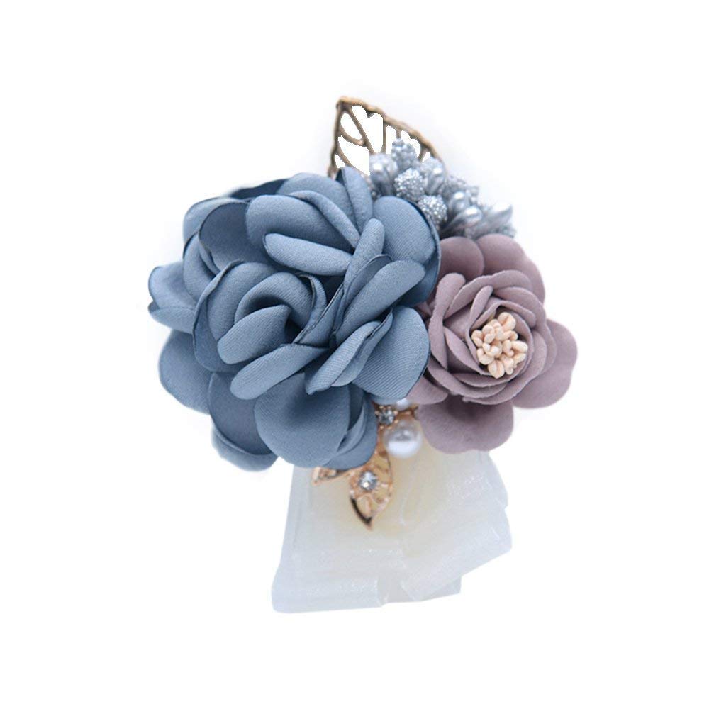 Flonding Rose Wedding Wrist Corsage And Boutonniere Set Party Prom Hand Ribbon Flower Suit Decor (Gray Blue)