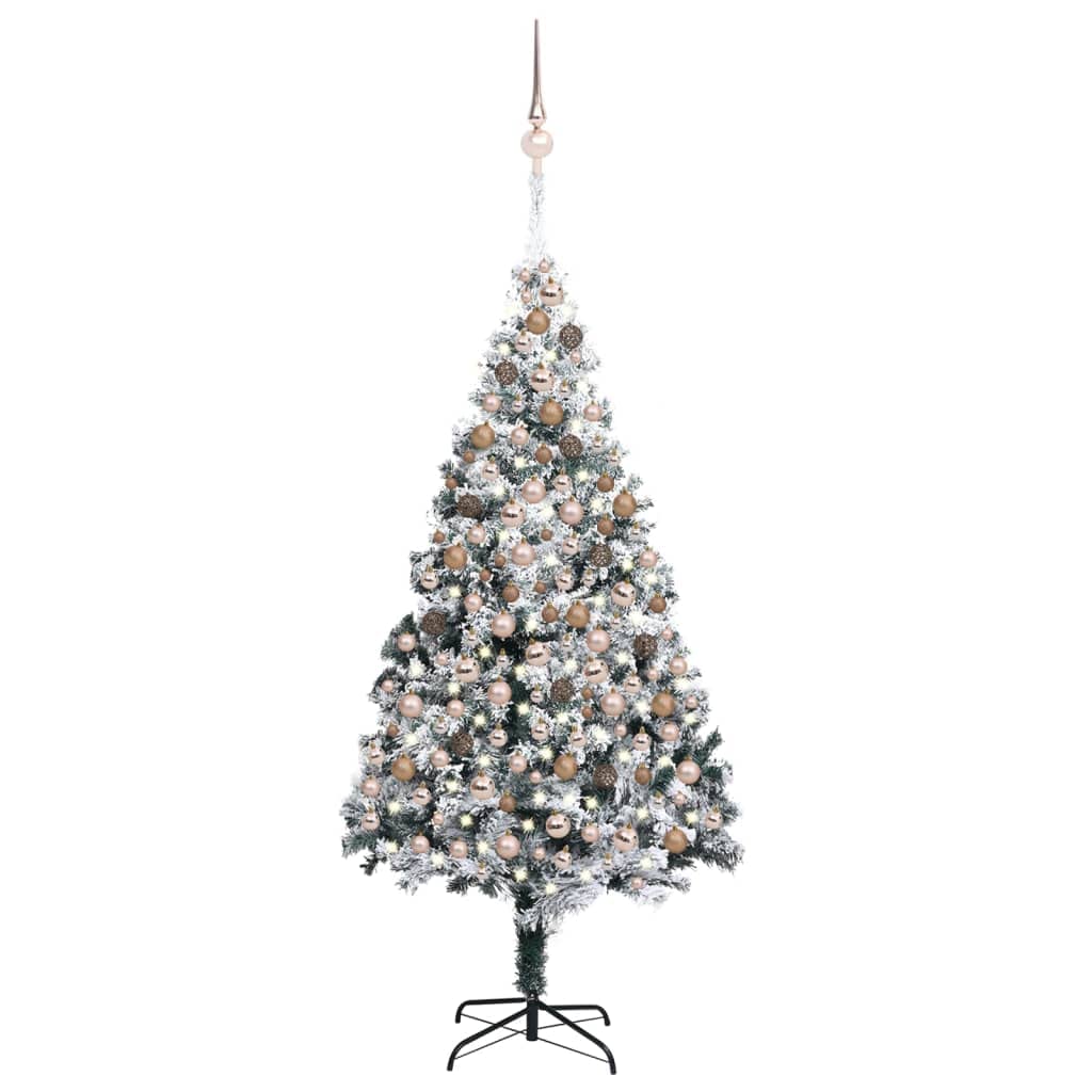 Vidaxl 82.7&quot; Artificial Christmas Tree With Leds, Decorative Balls And Snow Flock - Durable Pvc, Energy-Efficient Leds - Green With Rose Gold Ornaments