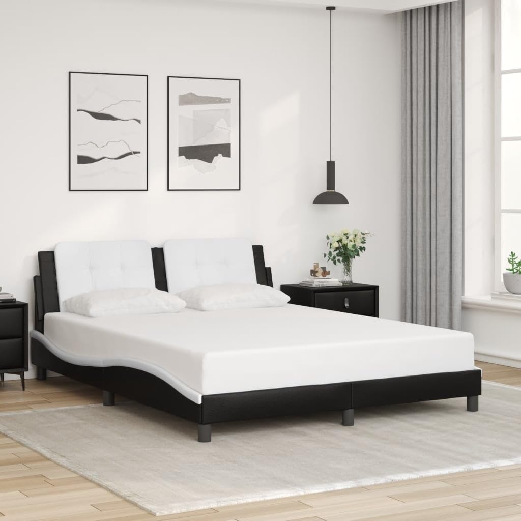 vidaXL Black & White Queen Bed Frame with LED Light - Faux Leather, 59.8"x79.9"