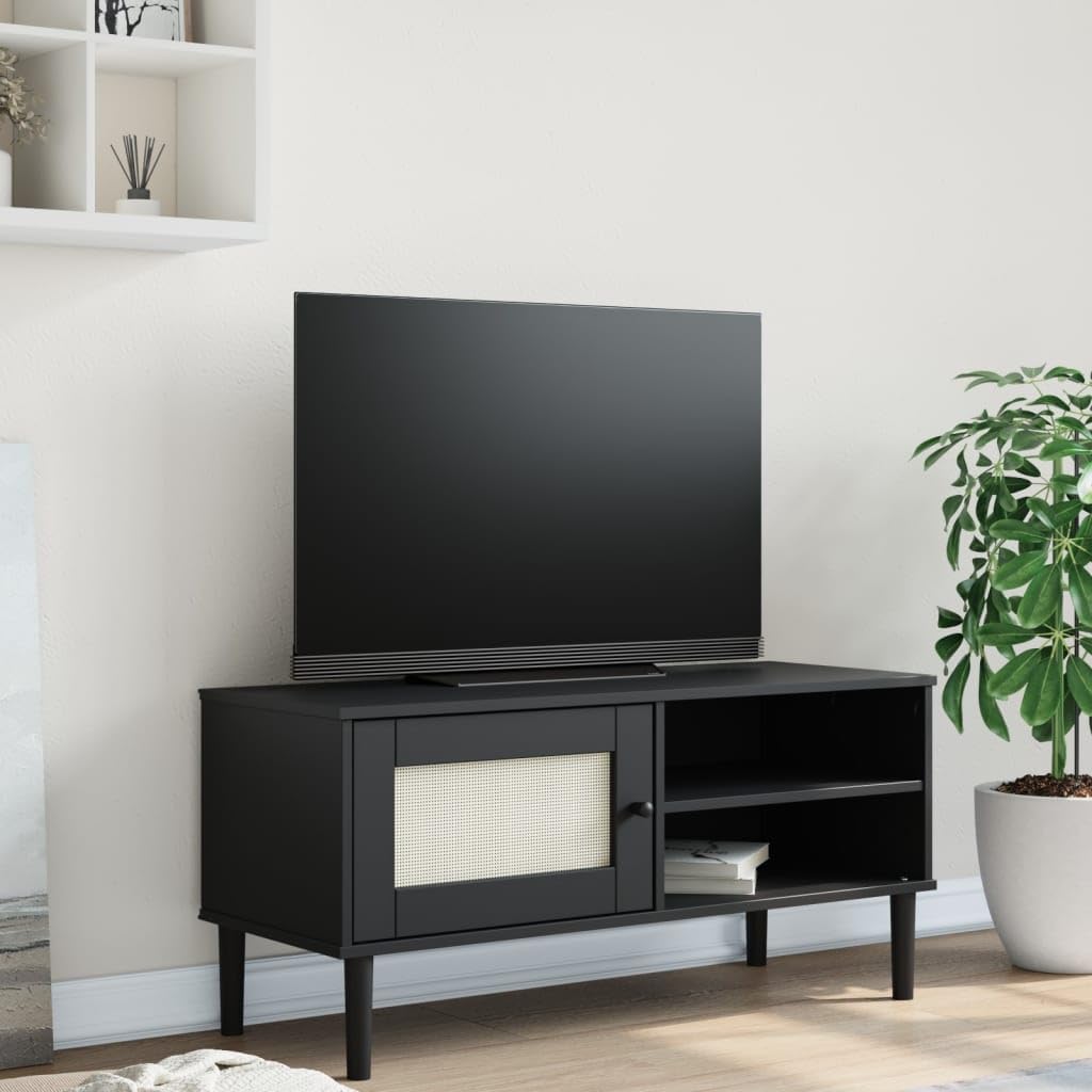 vidaXL SENJA Rattan Look TV Stand - Black, Solid Wood Pine, Ample Storage with Compartments and Door, Ideal for Living Room or Entertainment Area