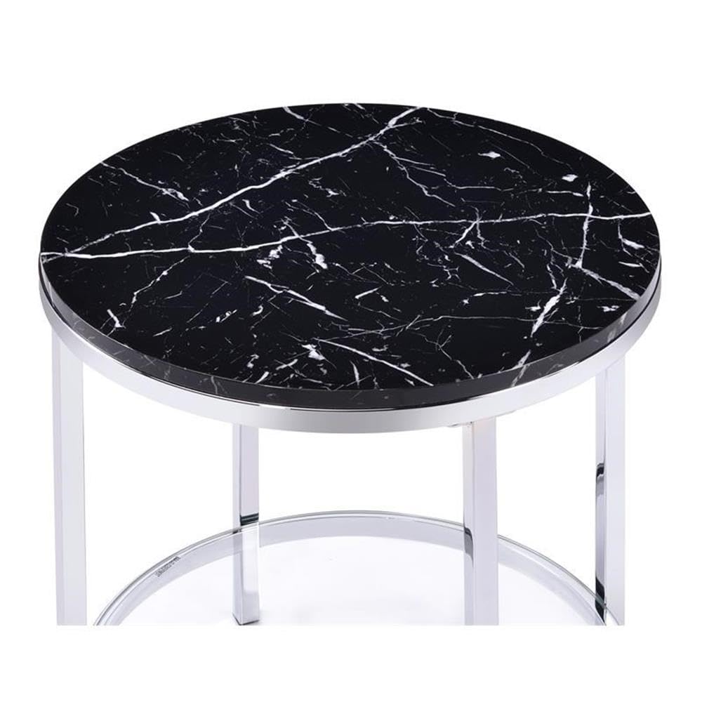 Acme Virlana Round Faux Marble Top End Table With Metal Base In Black And Chrome