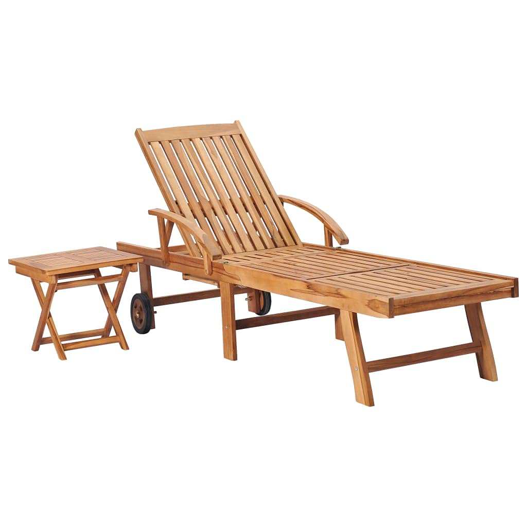 vidaXL Sun Lounger, Outdoor Chaise Lounge Chair with Wheels, Patio Daybed with Table and Cushion for Beach Yard Pool, Retro Style, Solid Wood Teak