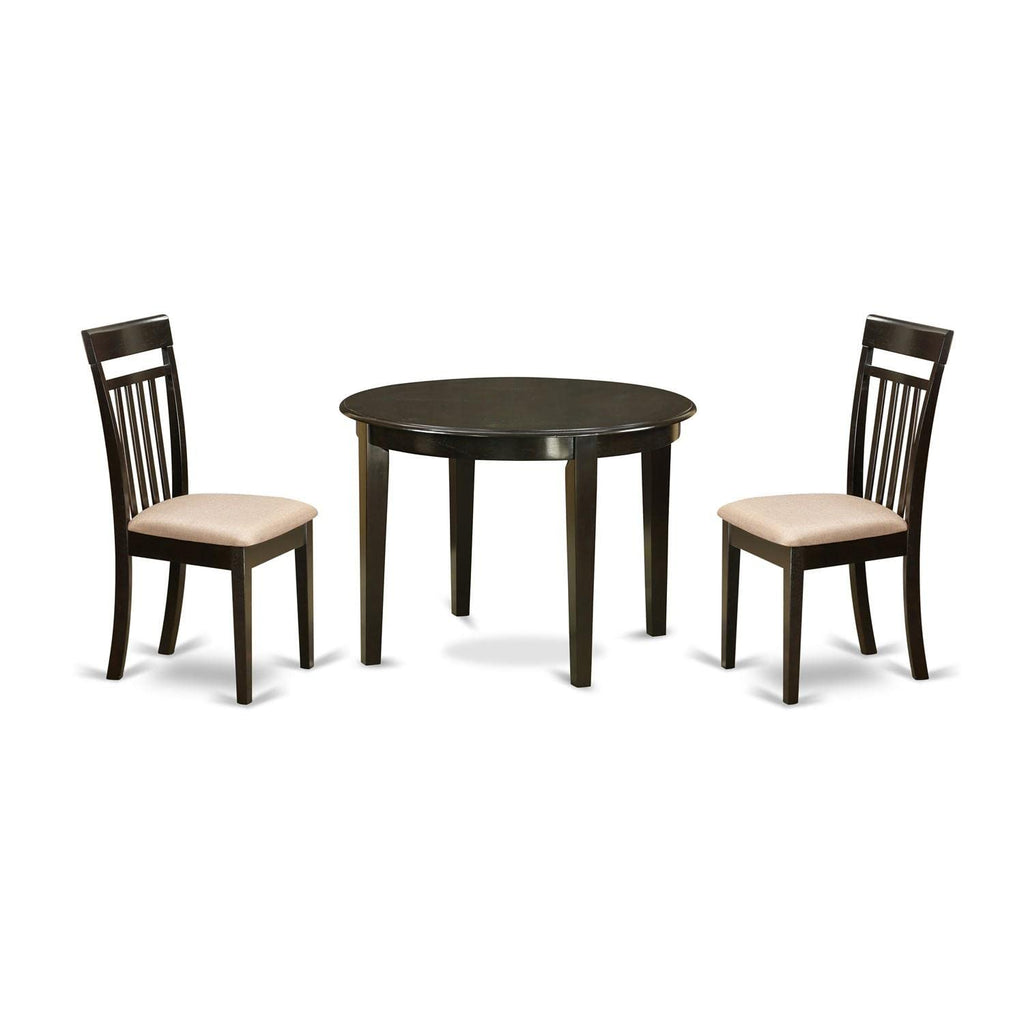 East West Furniture BOCA3-CAP-C 3 Piece Dining Room Table Set Contains a Round Wooden Table and 2 Linen Fabric Kitchen Dining Chairs, 42x42 Inch, Cappuccino