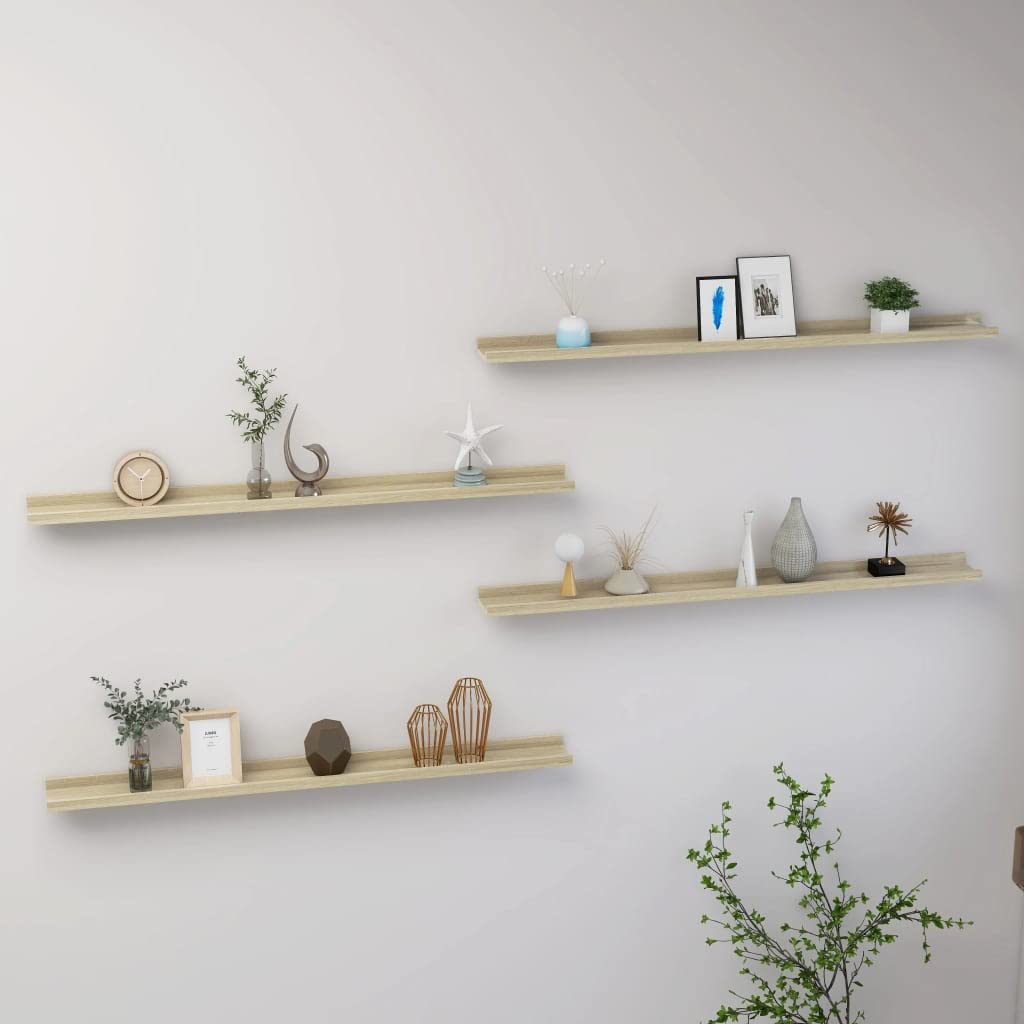 vidaXL Sonoma Oak Wall Shelves, Set of 4, Wall-Mounted MDF Shelving for Books, Collectables, Decorations - Modern Home Interior Decoration Accessory