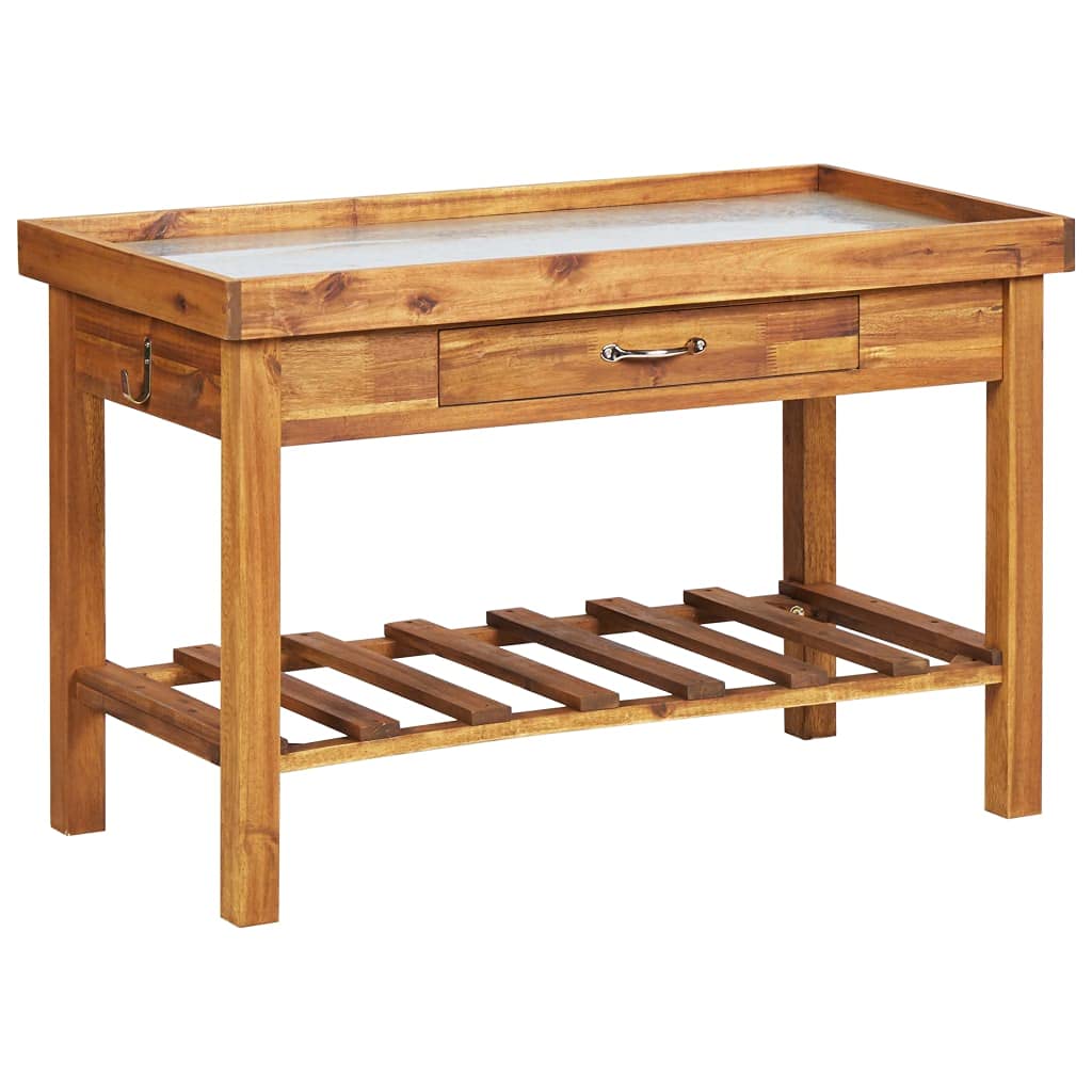Vidaxl Solid Acacia Wood Garden Work Bench With Zinc Top - Durable Outdoor Planting Station With Storage Shelf - Ready For Custo