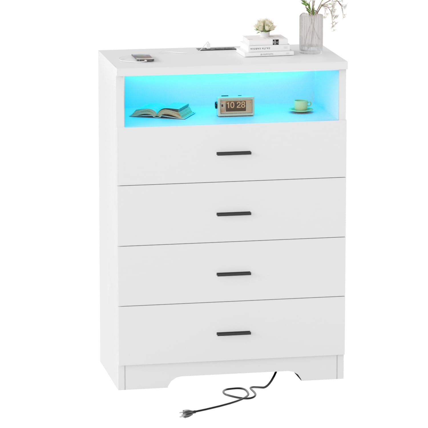 FJTJBSI Dresser with Power Outlets and LED Lights Wooden 4 Drawer Dresser with Large Organizer Tall White Drawer for Bedroom Mod