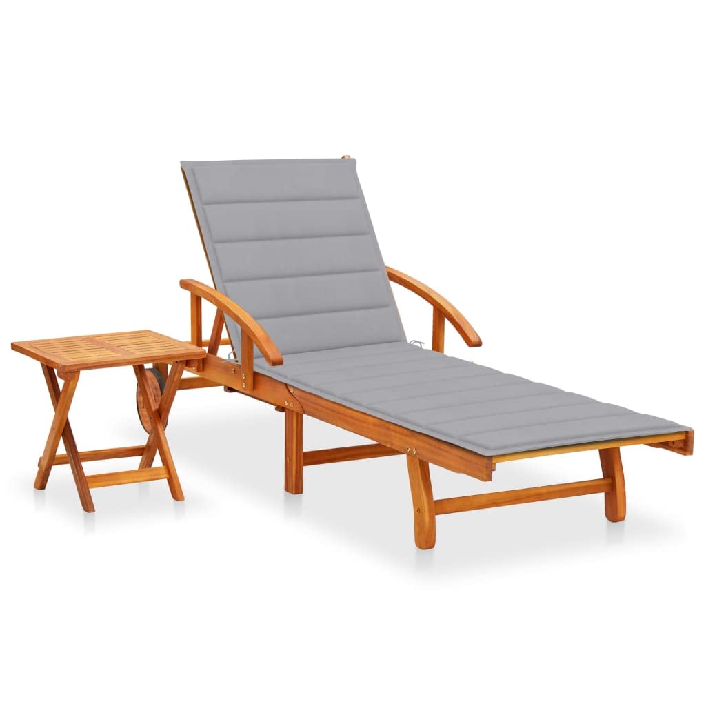 vidaXL Solid Acacia Wood Patio Sun Lounger with Table and Adjustable Backrest/Footrest