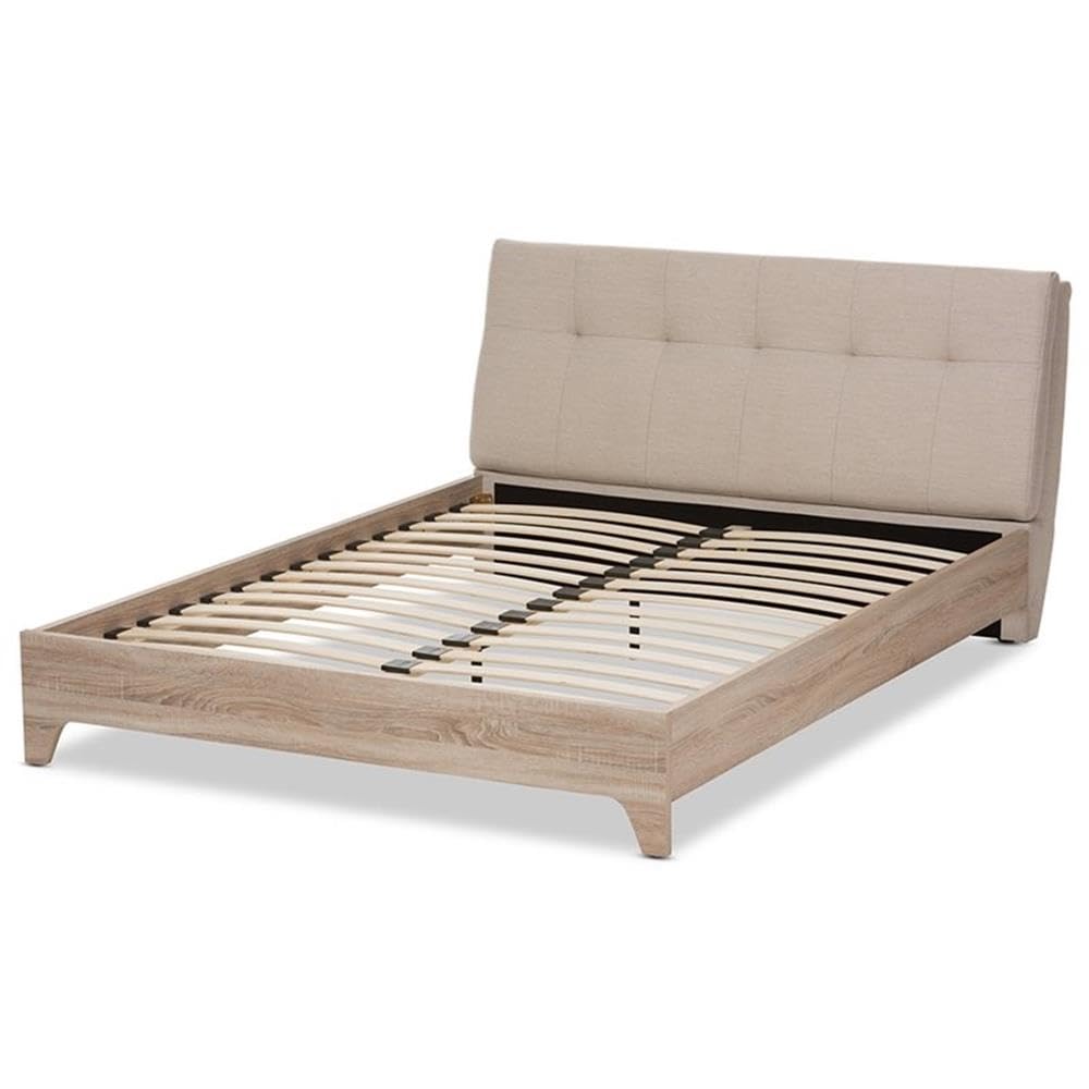 Baxton Studio Adelia Mid-Century Light Beige Whitewash Queen Size Platform Bed