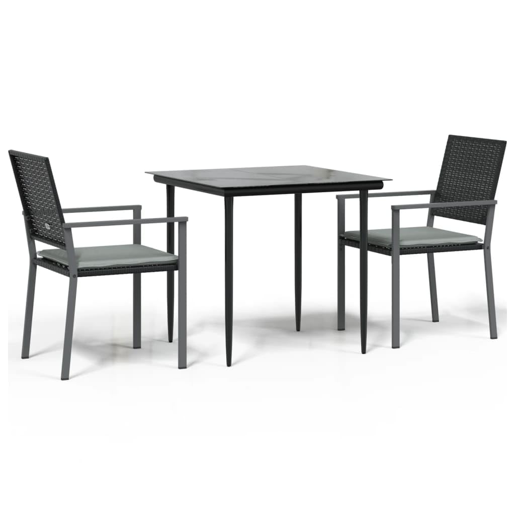 &quot;vidaXL 3 Piece Patio Dining Set with Cushions in Black, Outdoor Poly Rattan and Steel Furniture for Garden, Patio - Includes Table and Chairs&quot;