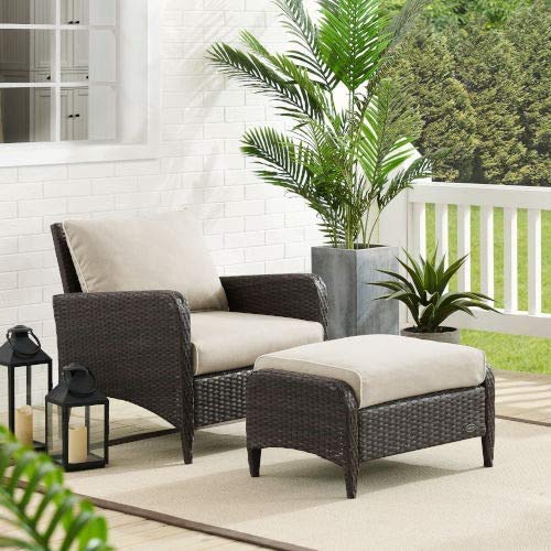 Crosley Brands KO70032BR-SA Kiawah Outdoor Wicker Chair Set - Arm Chair & Ottoman, Sand & Brown - 2 Piece