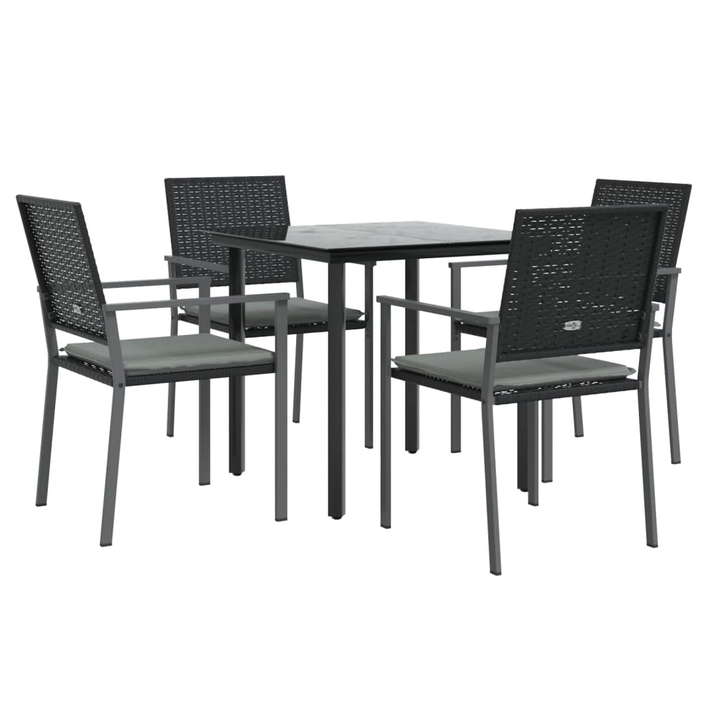 vidaXL 5-Piece Modern Patio Dining Set with Cushions - Poly Rattan & Steel Outdoor Dining Furniture with Tempered Glass Tabletop and Armrest Chairs - Ideal for Patio, Garden, Deck, Lounge Area