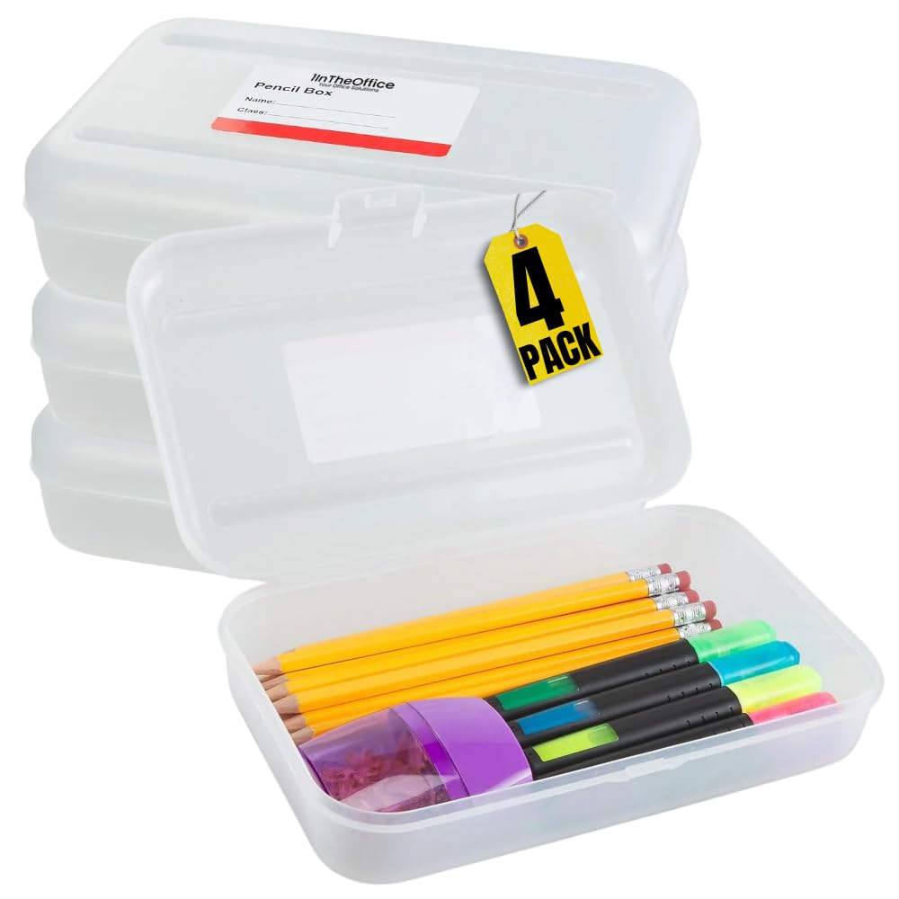 1Intheoffice Clear Pencil Box, Pencil Case Plastic Box, Translucent, Large Capacity, Snap-Tight Lid, 4 Pack