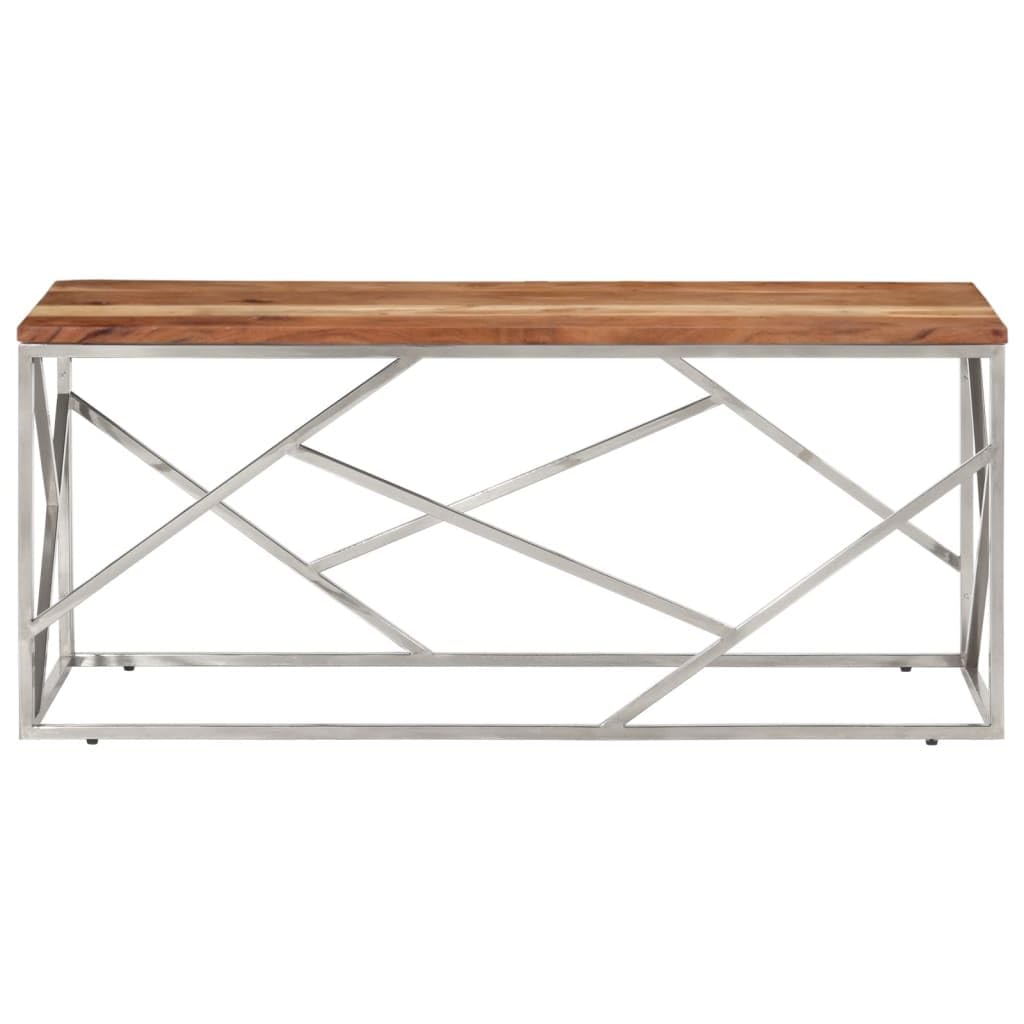 vidaXL Silver Stainless Steel and Solid Acacia Wood Coffee Table - Modern Rectangular Sofa Table for Living Room, Office, Lounge