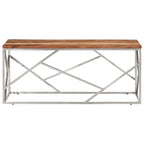 vidaXL Silver Stainless Steel and Solid Acacia Wood Coffee Table - Modern Rectangular Sofa Table for Living Room, Office, Lounge
