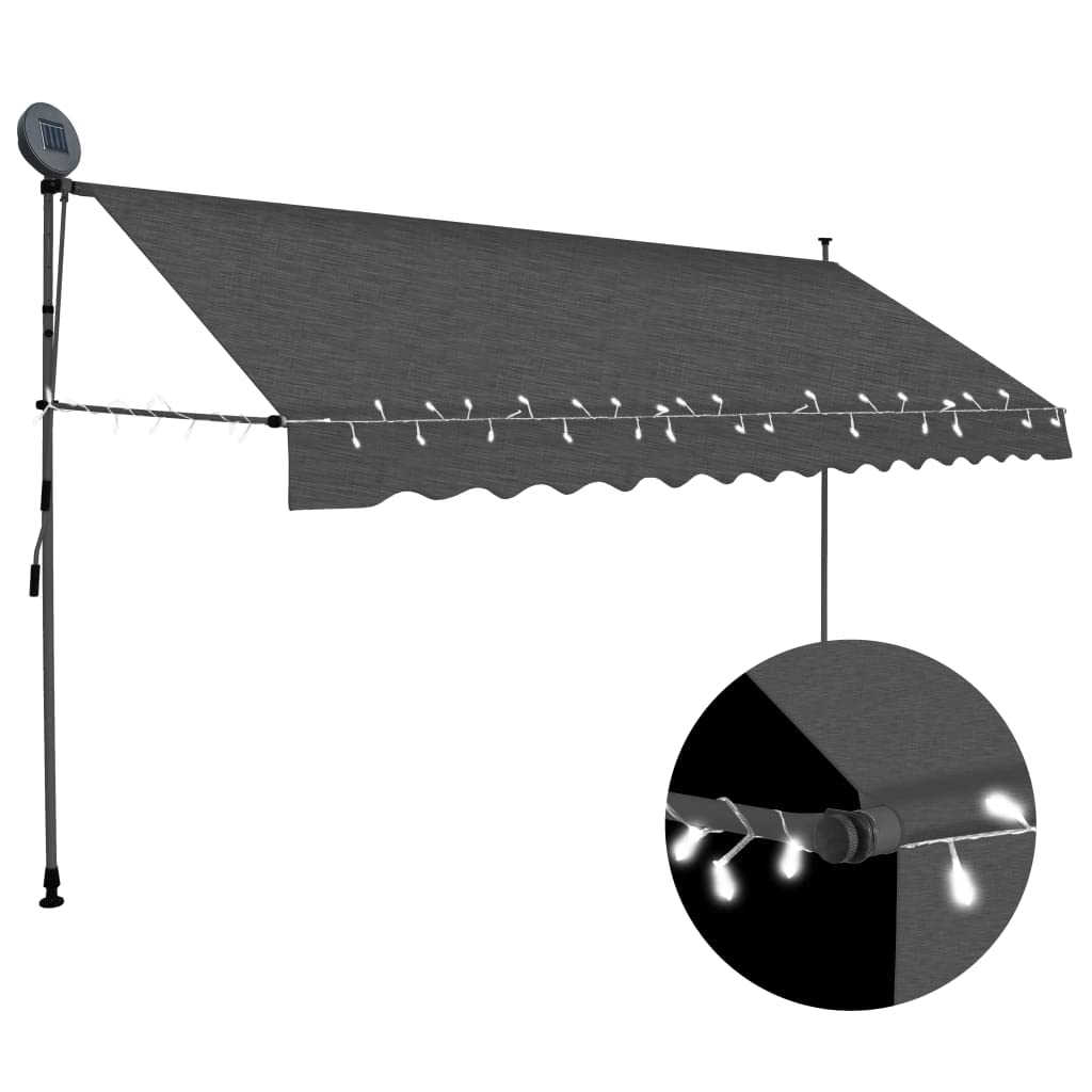 Vidaxl Manual Retractable Awning With Solar-Powered Led Light - Durable Fabric With Pu Coating And Sturdy Steel - Versatile 137.8&quot; Outdoor Awning For Patio, Balcony, Window - Anthracite