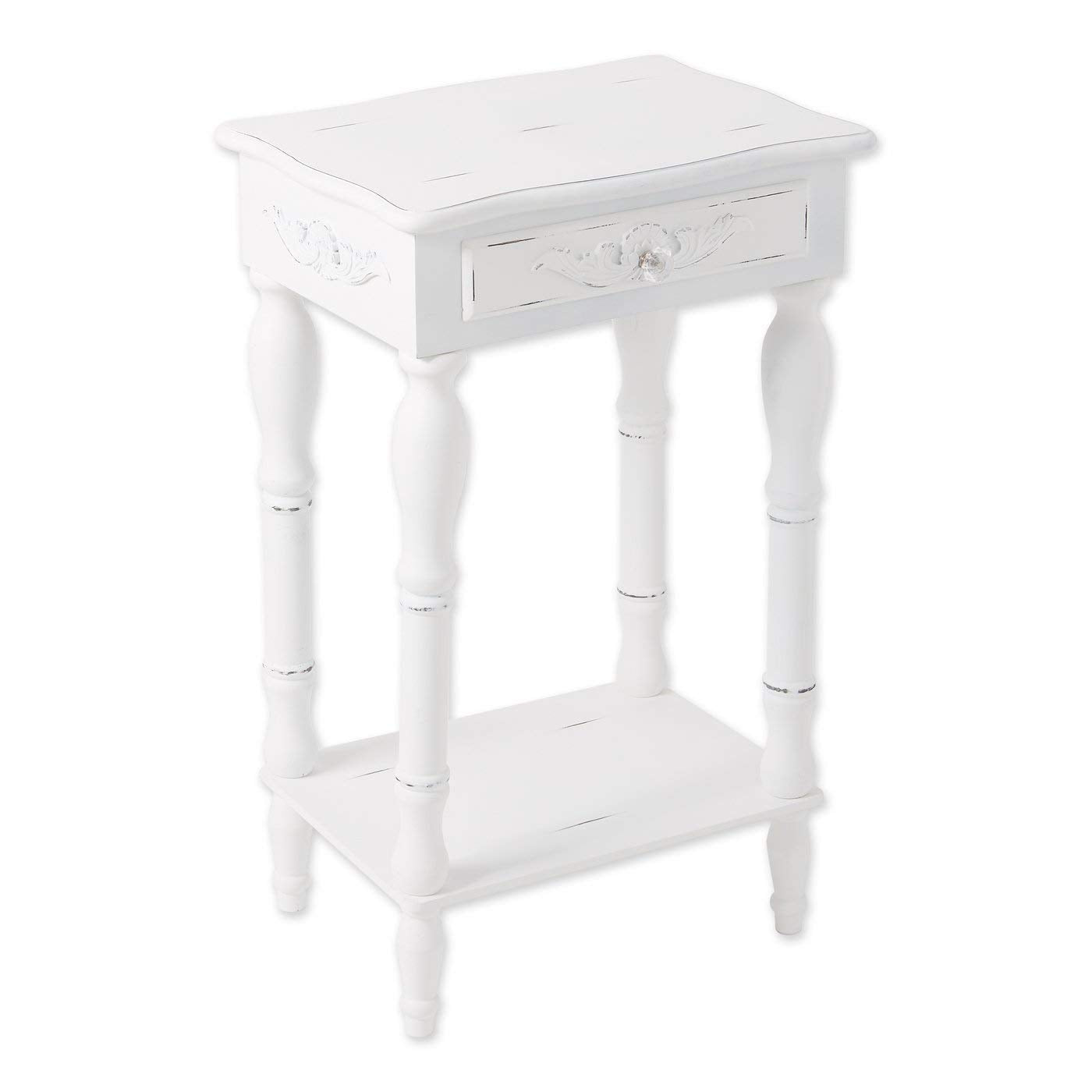 Carved Wood Shabby Top White Side Night End Table Chic