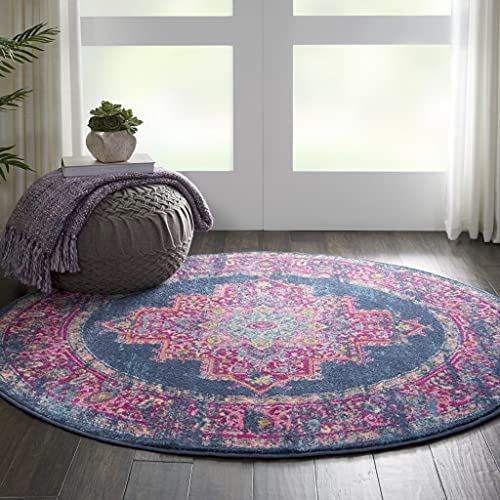 HomeRoots 100% Polypropylene 4’ Round Blue and Pink Medallion Area Rug