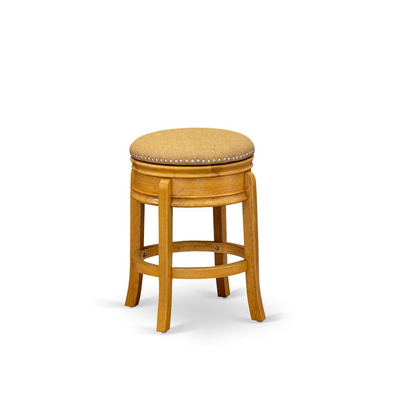East West Furniture Ams024-416 Amherst Counter-Height Bar Stool - Round Shape Vegas Gold Pu Leather Upholstered Backless Chairs, 24 Inch Height, Oak