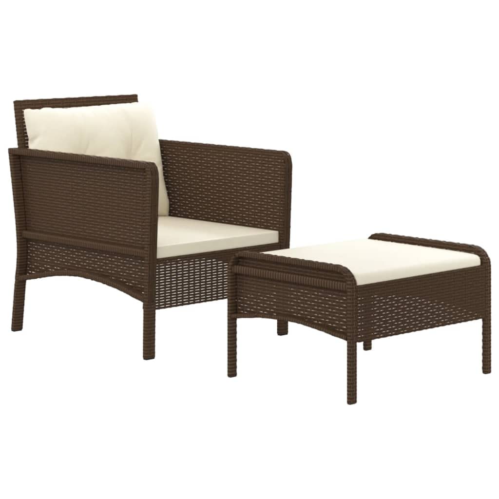 vidaXL Patio Lounge Set with Cushions, Brown Poly Rattan and Powder-Coated Steel, Includes 1 Chair and 1 Stool, Outdoor Garden Furniture