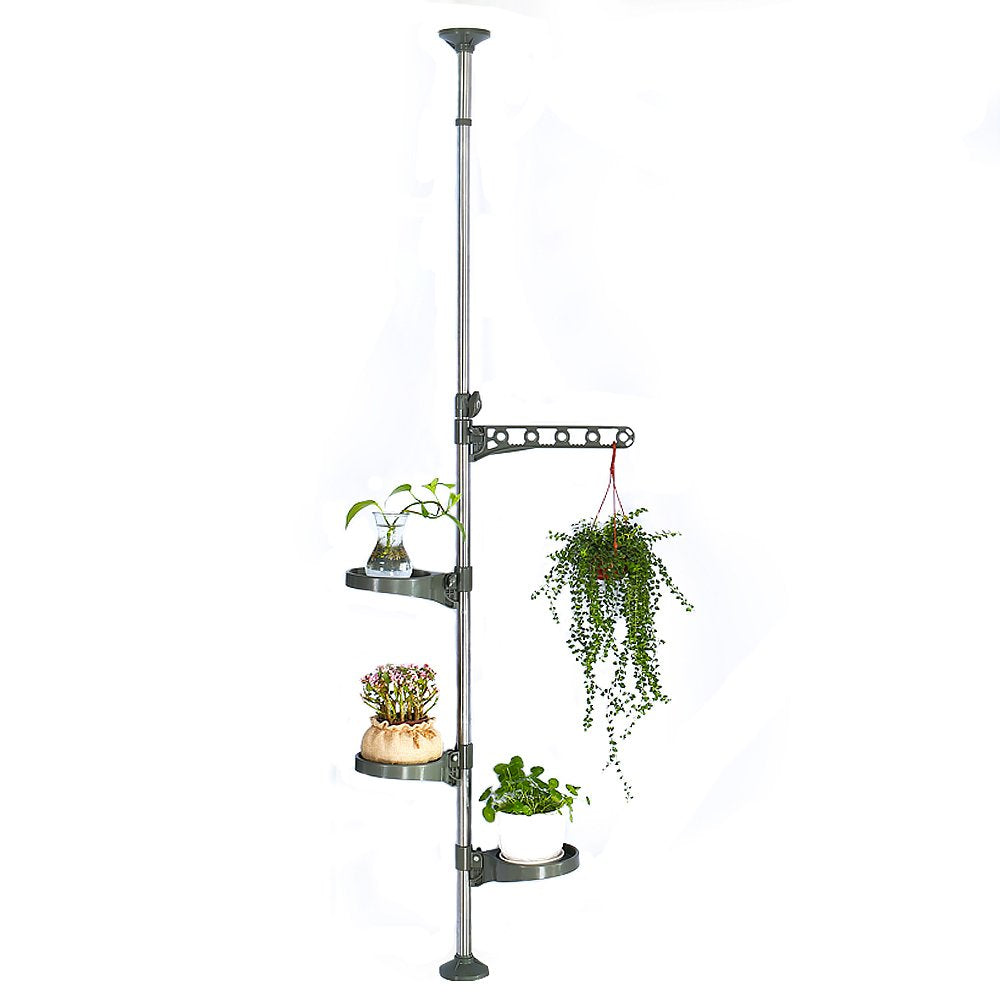 Baoyouni Indoor Plant Pole Stand Tension Rod Adjustable Flower Display Rack Spring Loaded Floral Hanger Storage Shelf With 3 Tra