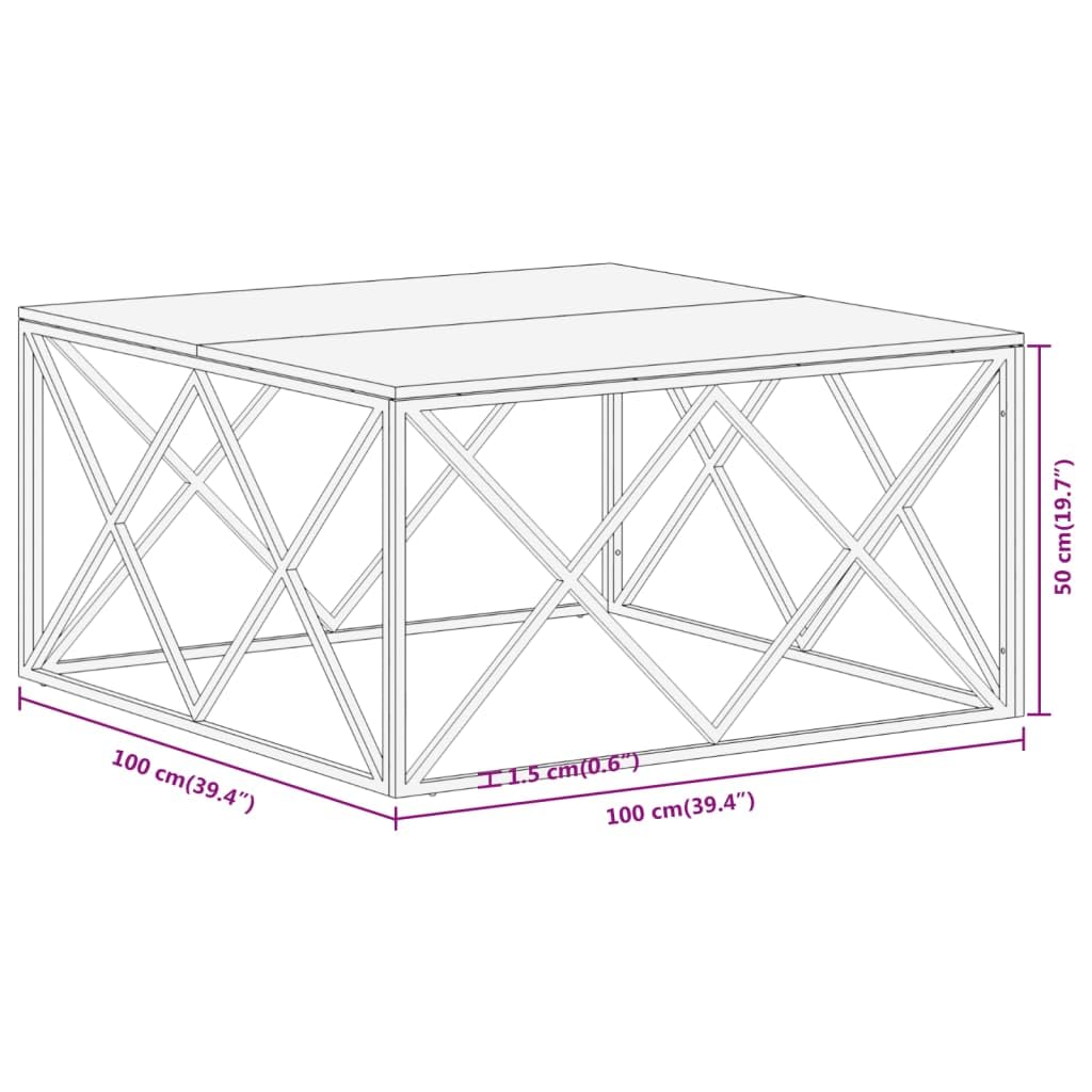vidaXL Modern Square Coffee Table - Solid Acacia Wood & Silver Stainless Steel, Spacious Top, Stain-Resistant Surface - 39.4"x39.4"x19.7"