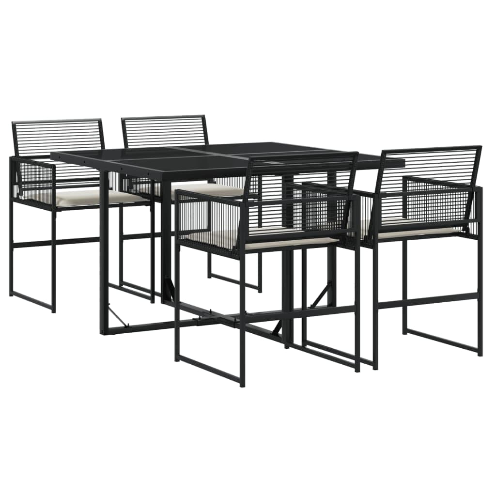 vidaXL Patio Dining Set with Cushions 5-Piece Black Poly Rattan Garden Furniture, Foldable Chairs, Glass Tabletop, UV-Resistant