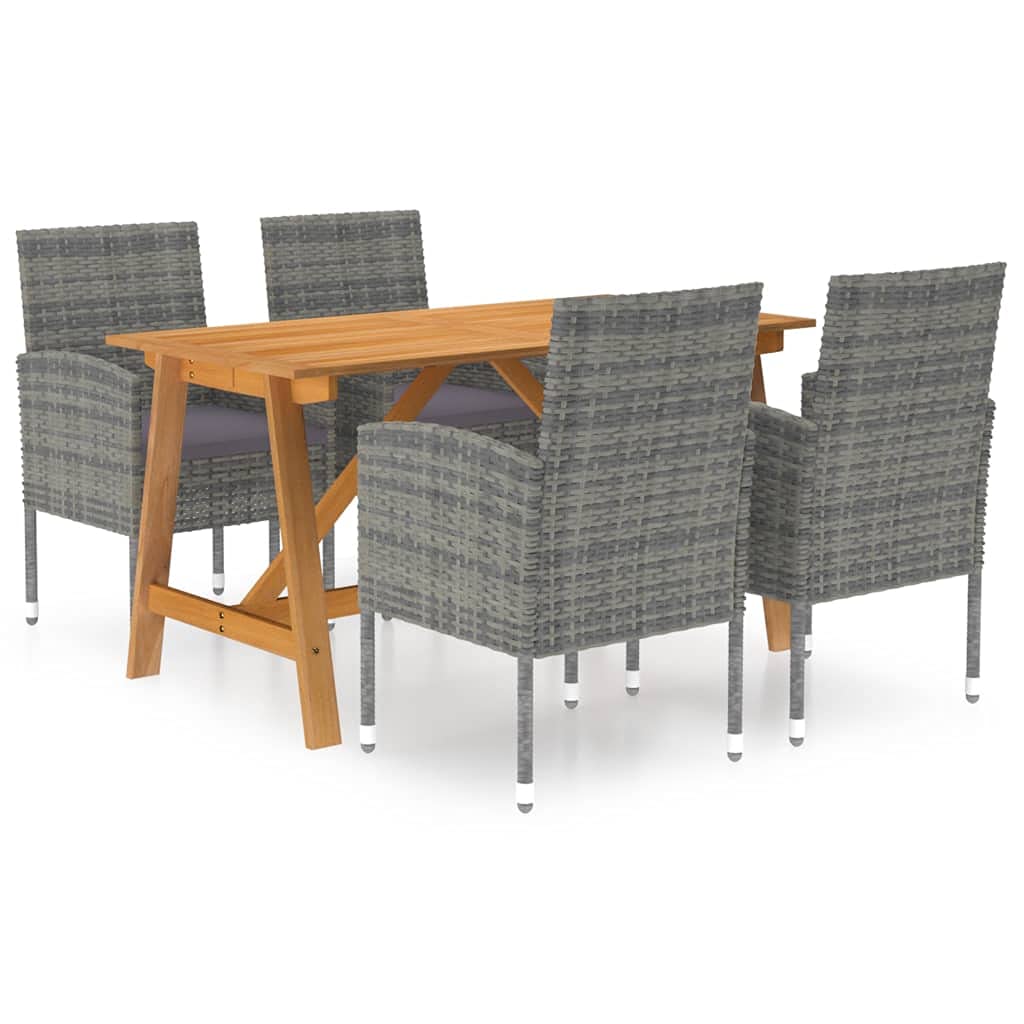 vidaXL Patio Dining Set - A 5 Piece Versatile, Modern and Durable Outdoor Dining Arrangement Featuring Solid Acacia Wood and Gray PE Rattan Chairs with Cushions.