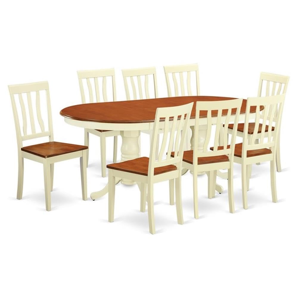 East West Furniture PLAN9-WHI-W 9 Piece Dining Set Includes an Oval Dining Table with Butterfly Leaf and 8 Kitchen Chairs, 42x78 Inch, Buttermilk & Cherry
