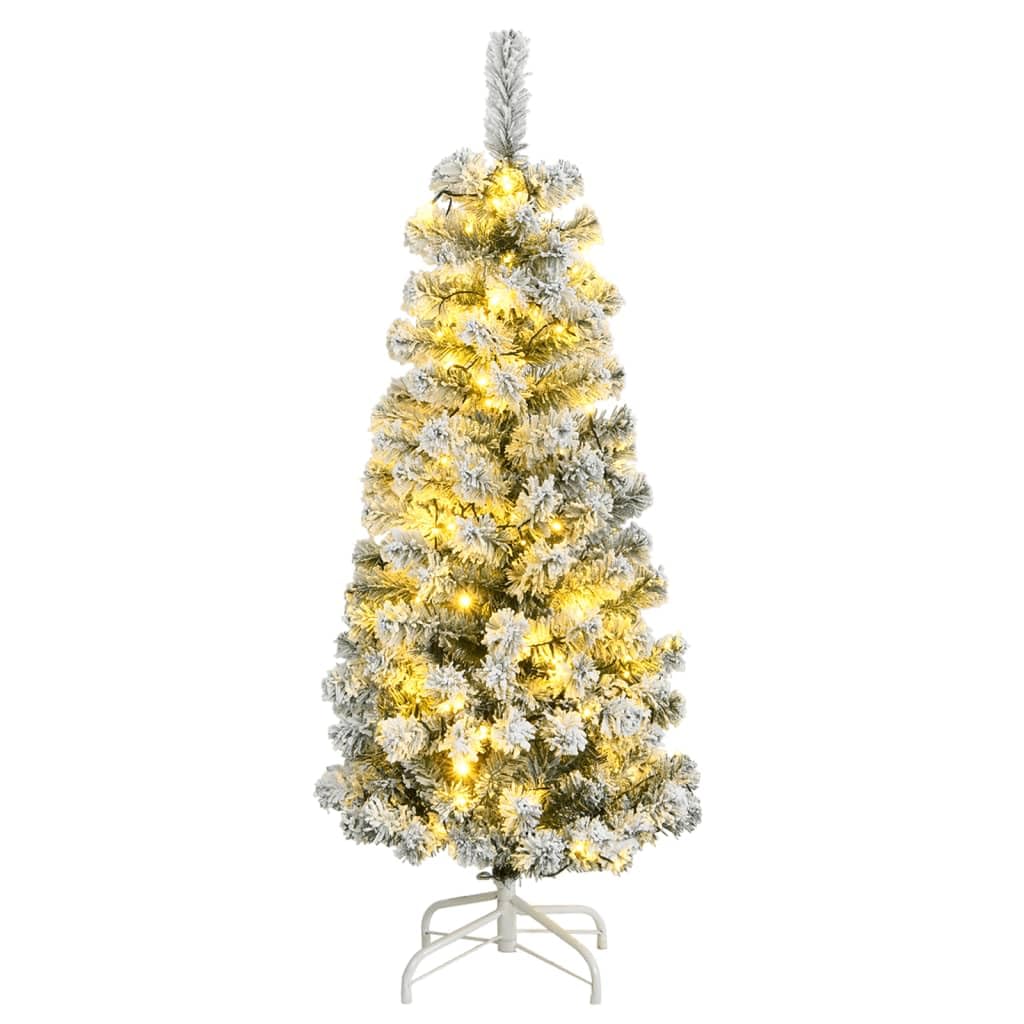 vidaXL Artificial Hinged Xmas Tree 47.2&quot;&quot; with Flocked Snow, Metal Stand, PVC, 150 Warm White LEDs, 8 Light Modes, USB, 21.7&quot;&quot; Diameter, 3210449